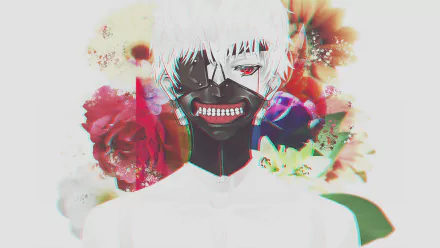 A striking HD wallpaper featuring Ken Kaneki from Tokyo Ghoul, showcasing his white hair, red eyes, and a mask, surrounded by vibrant flowers and an emotional expression with tears.
