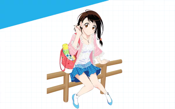 Kosaki Onodera from the anime Nisekoi is depicted in this vibrant HD desktop wallpaper, showcasing her sitting on a fence with a playful expression and a stylish outfit.