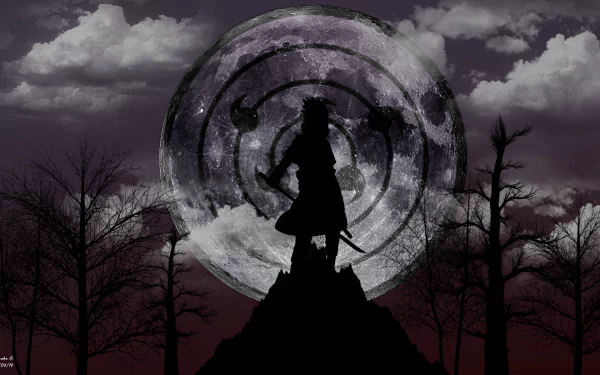 A HD desktop wallpaper featuring Sasuke Uchiha with the Rinnegan, from the Anime Naruto, standing silhouetted against a full moon with clouded skies and dark, leafless trees in the background.