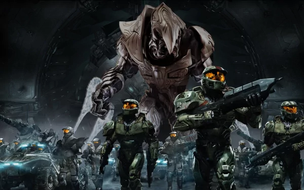 A dramatic HD wallpaper featuring characters from the video game Halo Wars, showcasing a group of soldiers and a towering enemy in a dark, intense setting.