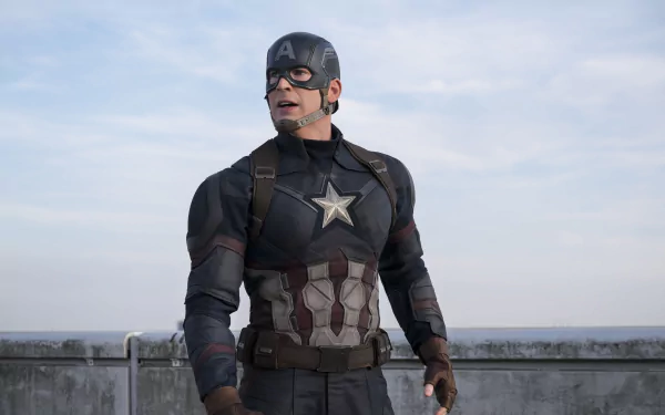 HD desktop wallpaper featuring Steve Rogers as Captain America from the movie Captain America: Civil War, showcasing him in his iconic costume against a backdrop of an open sky.