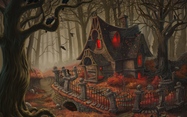 Holiday Halloween Fantasy House Haunted House Forest Fence HD Wallpaper | Background Image