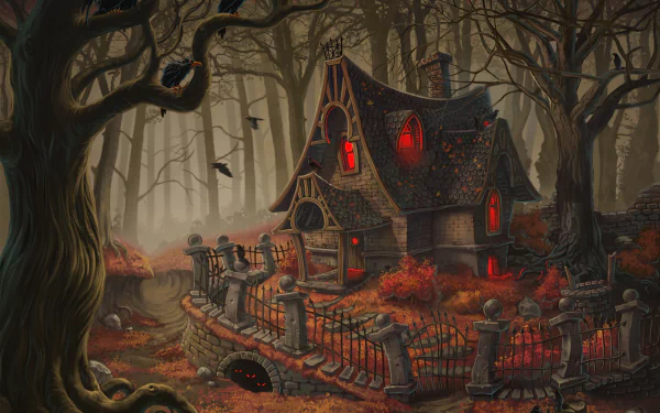 A haunted house with glowing red windows sits in a dense forest, surrounded by a wrought iron fence and autumn leaves, capturing a spooky Halloween atmosphere.