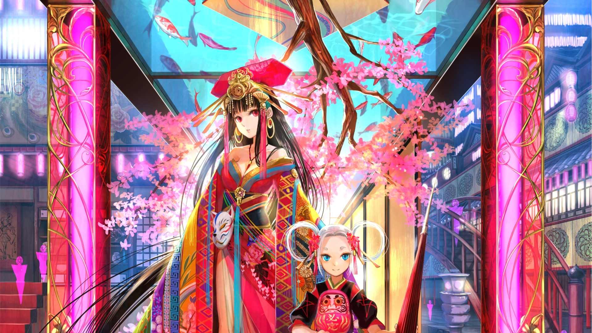 A vibrant anime illustration featuring a woman in elaborate attire, surrounded by cherry blossoms and colorful scenery, serving as an engaging HD desktop wallpaper and background.