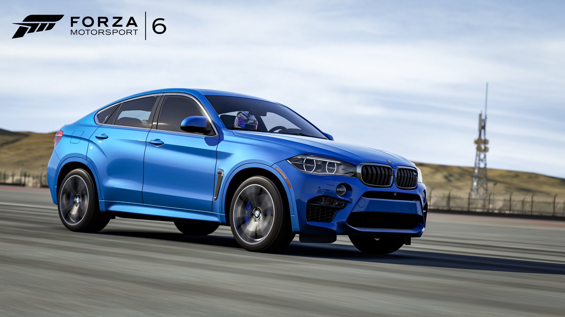 HD PC desktop wallpaper/background: blue BMW SUV racing on track from the video game Forza Motorsport 6, logo in top-left, blurred racetrack and sky background.