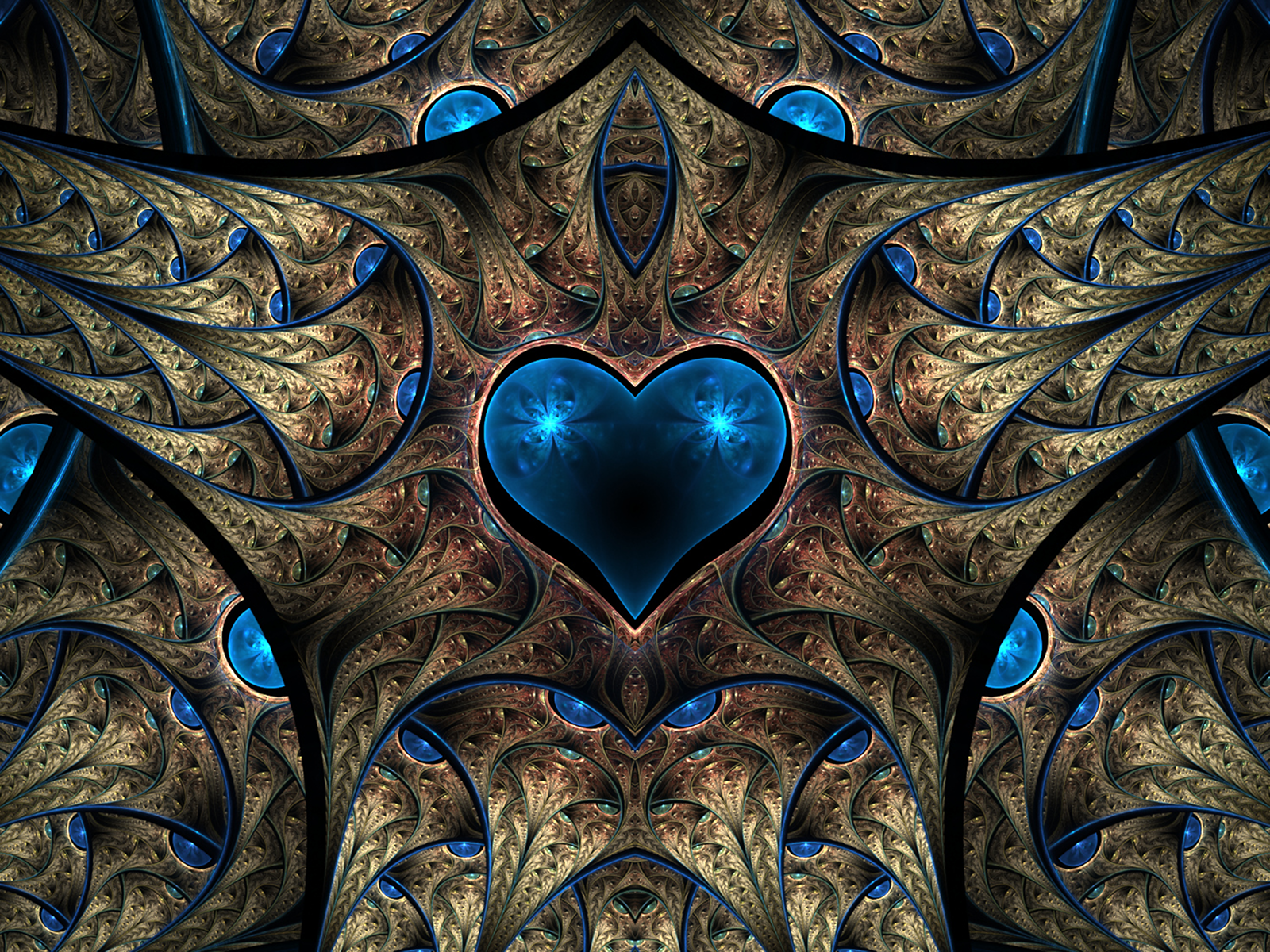 HD PC desktop wallpaper/background: abstract blue design featuring a glowing blue heart at center framed by intricate metallic filigree and fractal patterns.