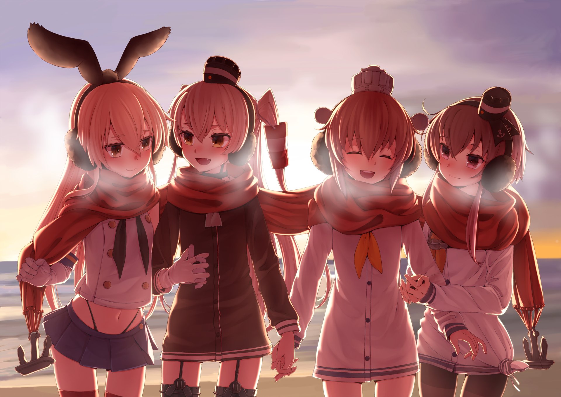 Four characters from Kantai Collection—Yukikaze, Tokitsukaze, Shimakaze, and Amatsukaze—are depicted in a warm sunset, sharing a joyful moment in a wintery setting.