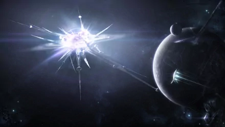 A high-definition sci-fi desktop wallpaper featuring a dramatic explosion in space, with planets and light bursts creating a futuristic and dynamic background scene.
