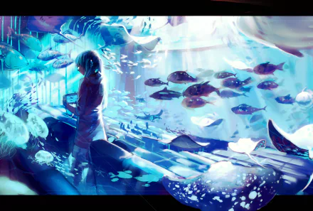 A vibrant HD anime wallpaper featuring a figure amidst a mesmerizing underwater scene, surrounded by diverse aquatic life, illuminated by ethereal light.