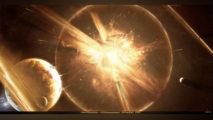 A stunning HD sci-fi wallpaper featuring a dramatic explosion set against a cosmic backdrop, with planets and radiant light effects that evoke a sense of otherworldly adventure.