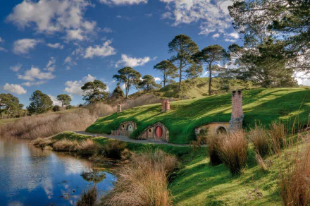 HD desktop wallpaper of Hobbiton’s man-made hobbit holes nestled in lush green hills beside a reflective pond under a partly cloudy blue sky.