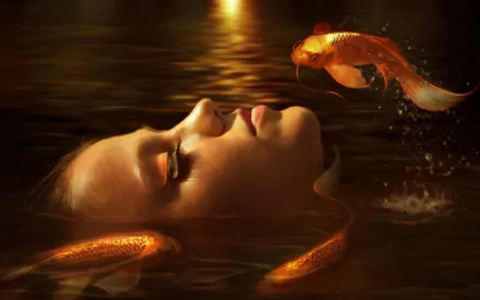A serene woman submerged in water with glowing goldfish swimming around her, creating a fantasy-themed HD PC desktop wallpaper background.