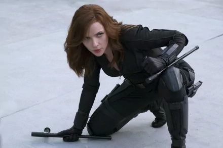 An HD desktop wallpaper featuring Scarlett Johansson as Natasha Romanoff, also known as Black Widow, in a dynamic pose from the movie Captain America: Civil War.