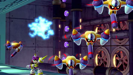 HD wallpaper from Mighty No. 9 featuring a character shooting at flying enemies in a futuristic setting.