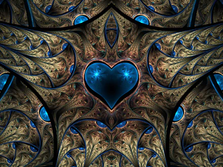 HD PC desktop wallpaper/background: abstract blue design featuring a glowing blue heart at center framed by intricate metallic filigree and fractal patterns.