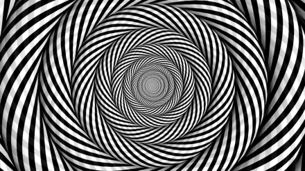 An abstract black optical illusion featuring swirling striped patterns that draw the viewer's eye towards the center, serving as a captivating HD desktop wallpaper and background.