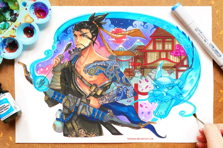 An artistic depiction of Hanzo from Overwatch, featuring vibrant colors and background elements inspired by the game's aesthetic, crafted as a high-definition desktop wallpaper.