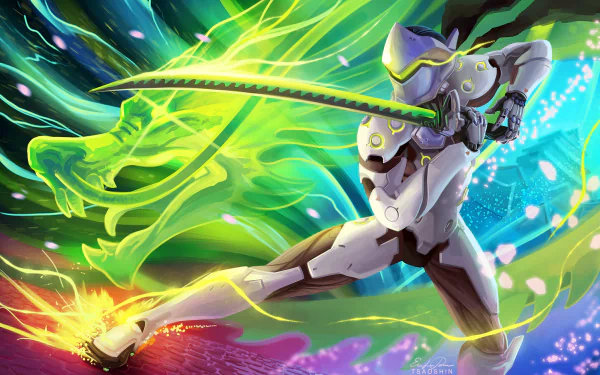 HD desktop wallpaper of Genji from the video game Overwatch, showcasing him wielding a glowing katana with a green dragon emanating from it in a dynamic and vibrant background.