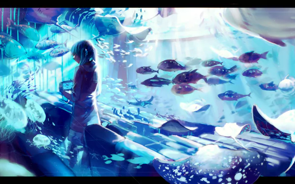 A vibrant HD anime wallpaper featuring a figure amidst a mesmerizing underwater scene, surrounded by diverse aquatic life, illuminated by ethereal light.