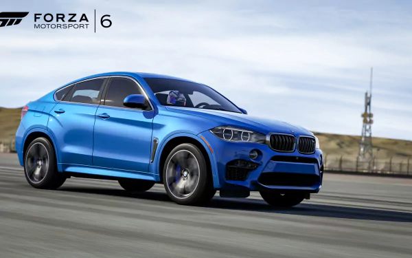 HD PC desktop wallpaper/background: blue BMW SUV racing on track from the video game Forza Motorsport 6, logo in top-left, blurred racetrack and sky background.