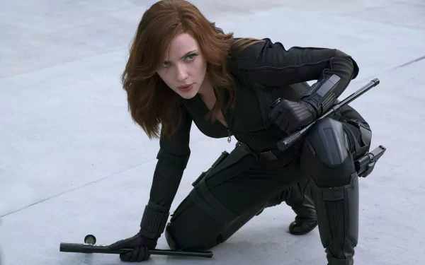 An HD desktop wallpaper featuring Scarlett Johansson as Natasha Romanoff, also known as Black Widow, in a dynamic pose from the movie Captain America: Civil War.