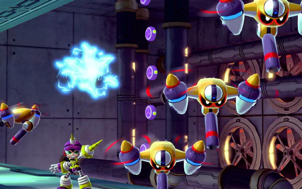 HD wallpaper from Mighty No. 9 featuring a character shooting at flying enemies in a futuristic setting.
