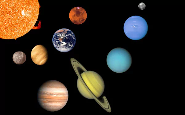 HD Sci-Fi desktop wallpaper featuring a vibrant image of the Solar System with planets and the sun against a black background.