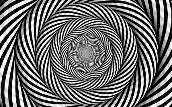 An abstract black optical illusion featuring swirling striped patterns that draw the viewer's eye towards the center, serving as a captivating HD desktop wallpaper and background.