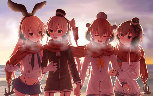 Four characters from Kantai Collection—Yukikaze, Tokitsukaze, Shimakaze, and Amatsukaze—are depicted in a warm sunset, sharing a joyful moment in a wintery setting.