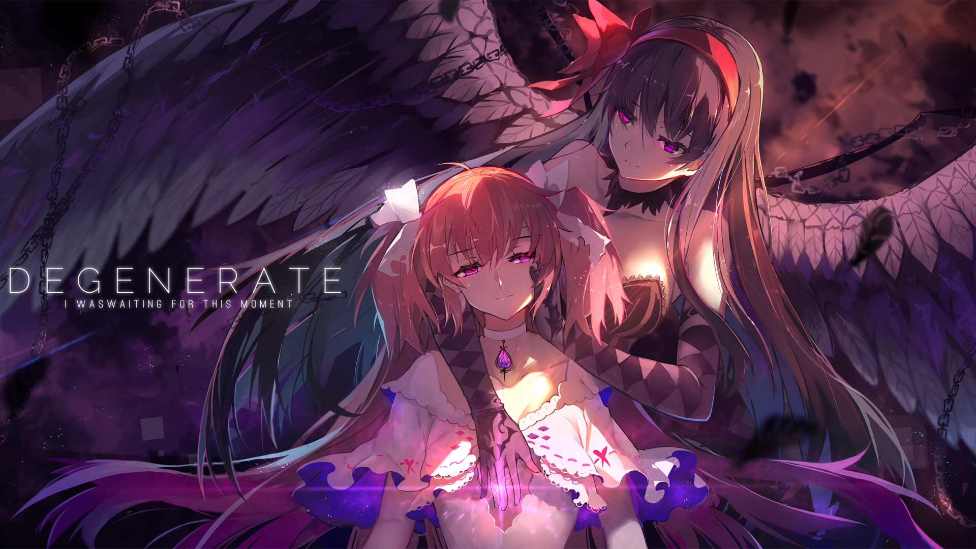 A vibrant HD wallpaper featuring Homura Akemi and Madoka Kaname from the anime Puella Magi Madoka Magica, showcasing their iconic designs against a dark, atmospheric backdrop.