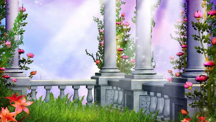 A serene scene featuring elegant columns adorned with blooming roses and lilies, surrounded by lush grass, creating an artistic and dreamy atmosphere for a wallpaper background.