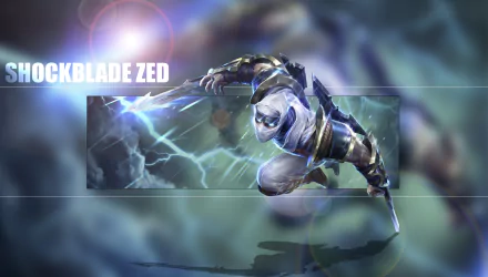 HD PC desktop wallpaper featuring Zed from League of Legends in his Shockblade skin, captured in dynamic action with lightning effects.