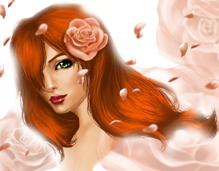 Fantasy redheaded woman with flowing hair, green eyes and a rose tucked by her ear, petals drifting around her — HD PC desktop wallpaper background.