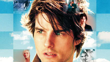 HD PC desktop wallpaper featuring Tom Cruise from the movie Vanilla Sky, showcasing a close-up of his face with scenes from the film in the background.