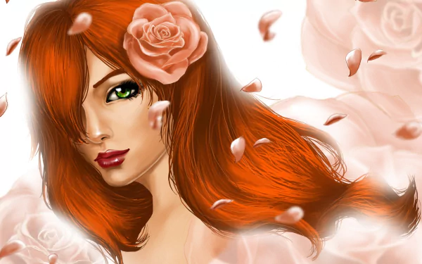 Fantasy redheaded woman with flowing hair, green eyes and a rose tucked by her ear, petals drifting around her — HD PC desktop wallpaper background.