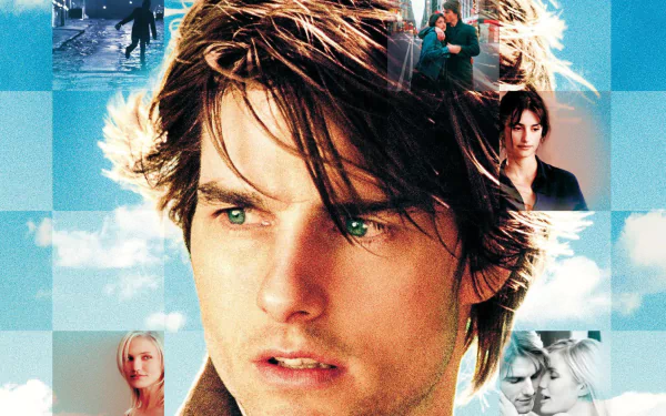 HD PC desktop wallpaper featuring Tom Cruise from the movie Vanilla Sky, showcasing a close-up of his face with scenes from the film in the background.