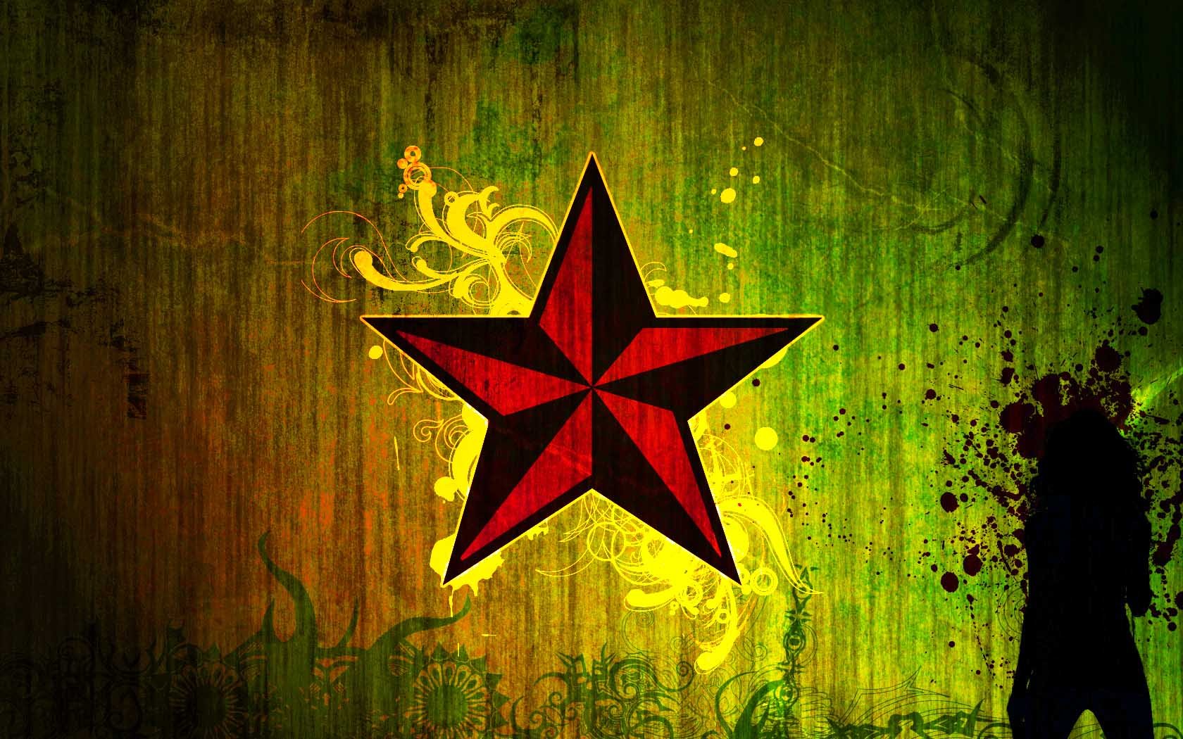 Artistic HD vector wallpaper featuring a prominent red star against a vibrant green background, embellished with abstract swirls and splatters, creating a striking visual impact.