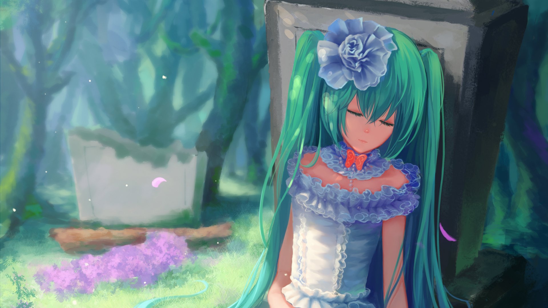 Hatsune Miku anime Vocaloid HD desktop wallpaper: teal twin‑tails and blue flower in her hair, frilly dress, eyes closed, resting against a stone in a sunlit forest with scattered petals.
