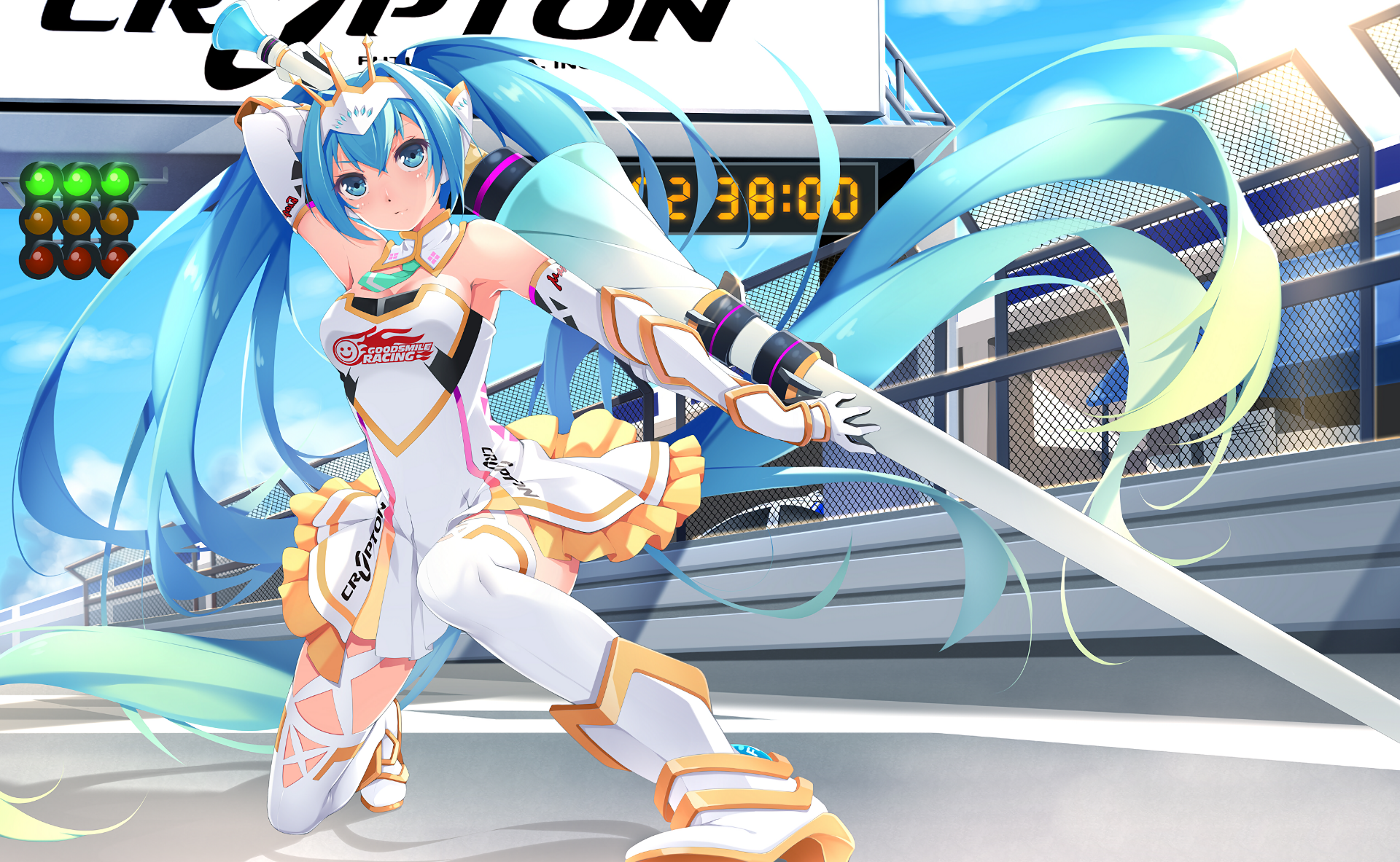HD PC desktop wallpaper featuring Hatsune Miku from Vocaloid in a dynamic anime pose with bright colors and futuristic design elements.