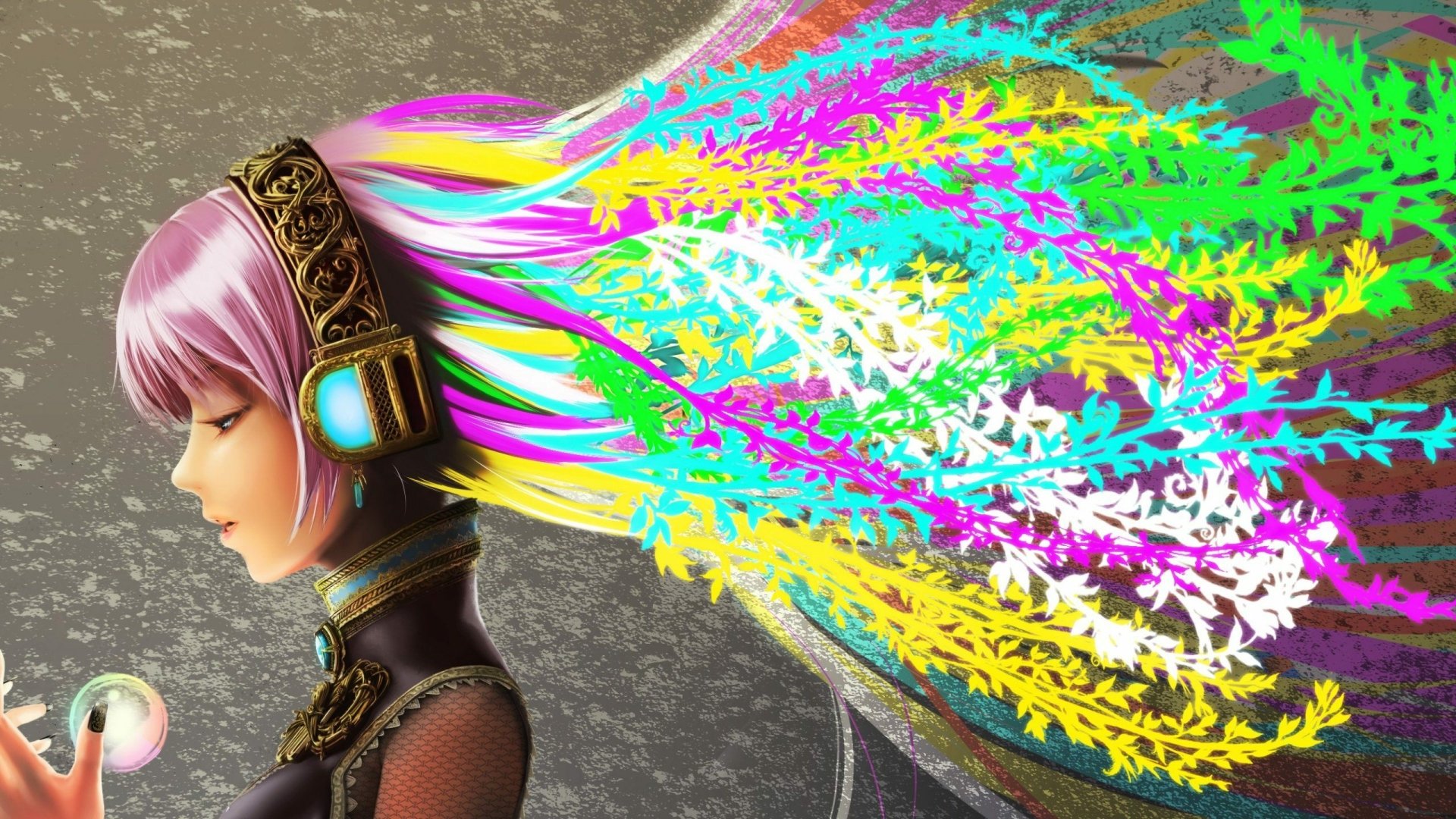 Luka Megurine in vibrant colors, showcasing her flowing hair adorned with bright patterns. This anime-inspired HD wallpaper brings a colorful touch to any desktop backdrop.
