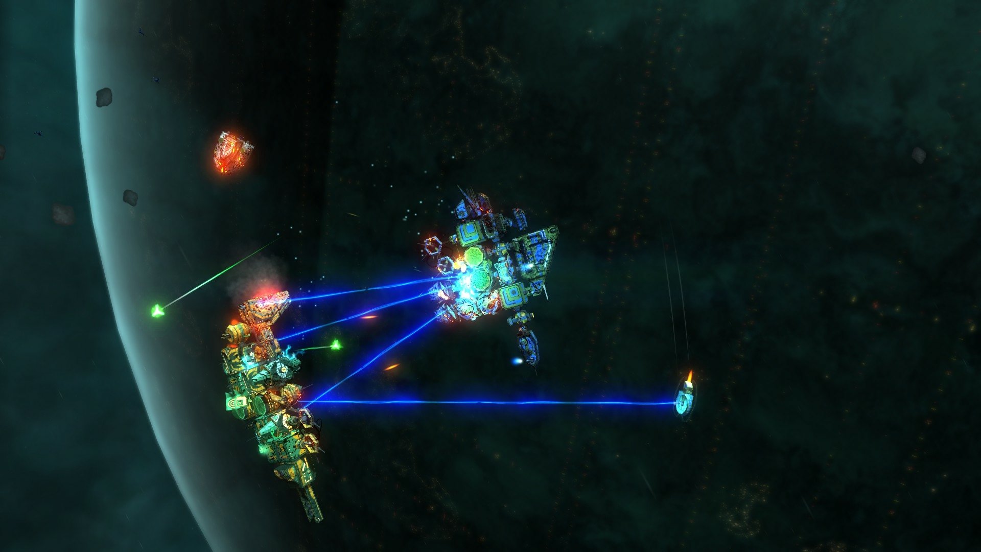 HD wallpaper of Space Pirates and Zombies 2 featuring vibrant spaceship combat near a planet's surface.
