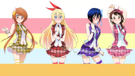 A vibrant HD wallpaper featuring characters Marika Tachibana, Seishirou Tsugumi, Kosaki Onodera, and Chitoge Kirisaki from the anime Nisekoi, set against a colorful background.