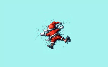 Minimalist humorous HD desktop wallpaper featuring Santa Claus humorously crashed through a light blue wall, blending Christmas holiday charm with clean design.