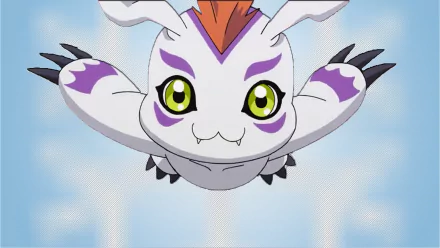 Anime HD PC desktop wallpaper from Digimon Adventure Tri.: a white, purple-marked catlike Digimon with bright green eyes and small horns diving toward the viewer against a soft blue sky background.