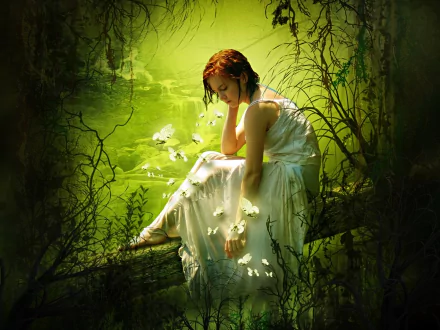 A fantasy-themed HD wallpaper featuring a lonely woman in a flowing white dress surrounded by butterflies and lush greenery, evoking a sense of tranquility and introspection.