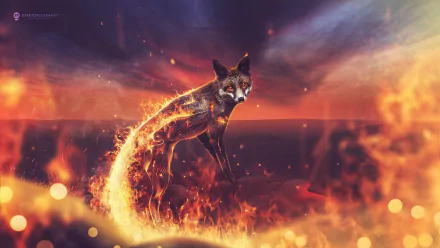 A striking fantasy HD wallpaper featuring a fox surrounded by vivid flames, set against a dramatic, colorful sky, creating an enchanting and dynamic visual experience.