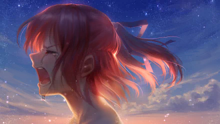 A vibrant anime girl with red hair tied in a ponytail, appears to be shouting or crying in a dramatic, emotional scene, set against a stunning HD background of a twilight sky.