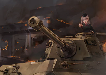 HD anime desktop wallpaper featuring Erika Itsumi from Girls und Panzer standing in a tank against a dark, fiery battlefield background.