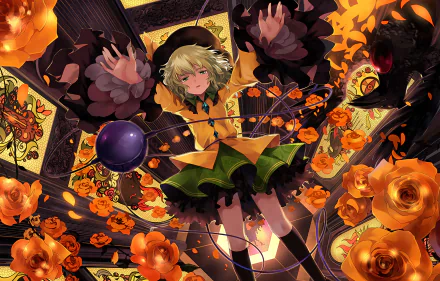 HD PC desktop wallpaper of Koishi Komeiji (Touhou anime): green-clad girl with hat and heart-orb, floating amid dark ornate patterns and swirling orange roses.
