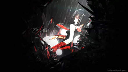 HD desktop wallpaper featuring Akame from Akame ga Kill! in a dark, dynamic setting, showcasing her striking pose and iconic red outfit amidst an atmospheric background.